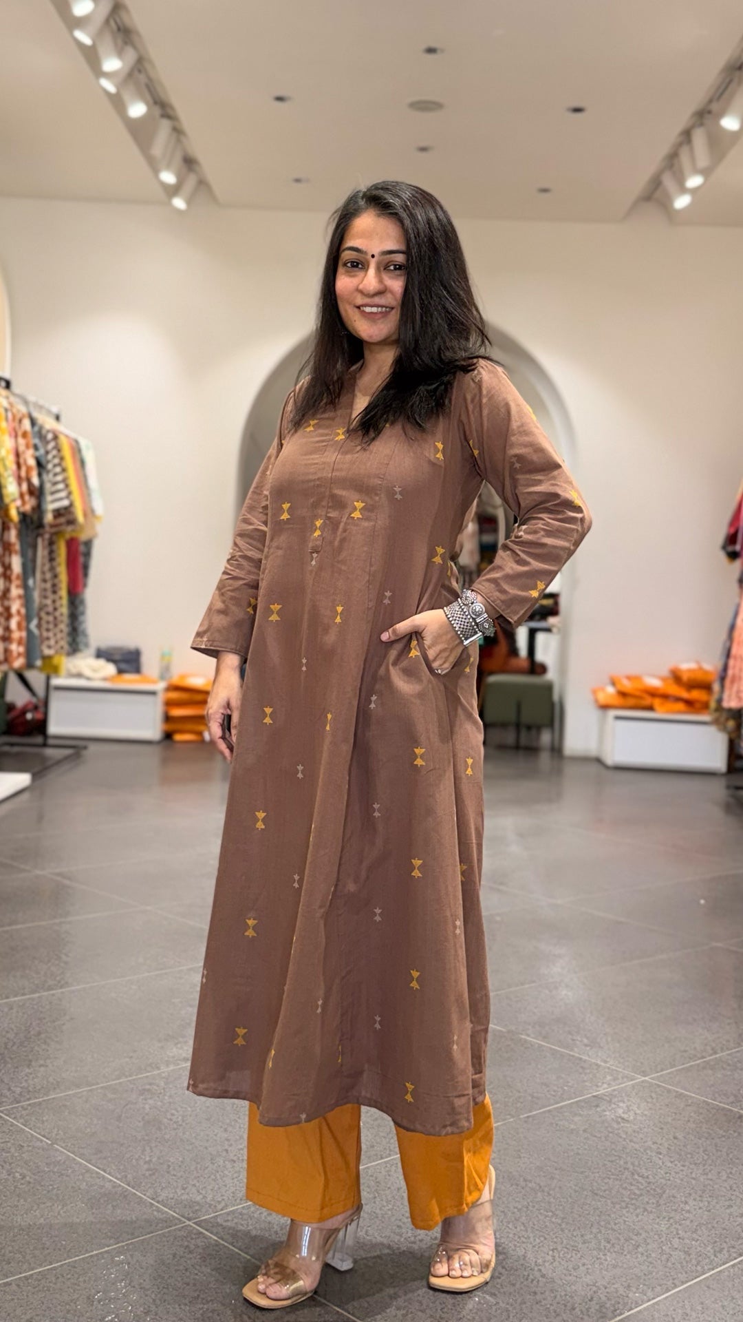 Amirah Hand Woven Kali Kurta In Cotton - Brown