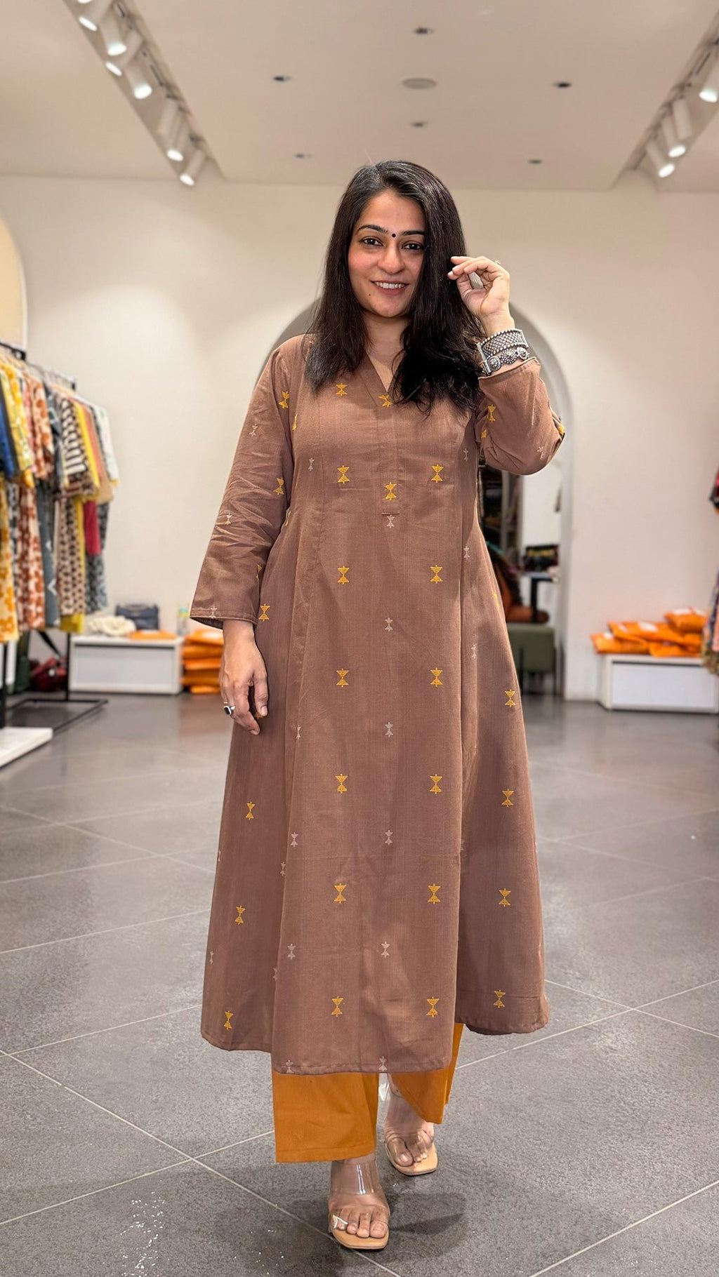 Amirah Hand Woven Kali Kurta In Cotton - Brown