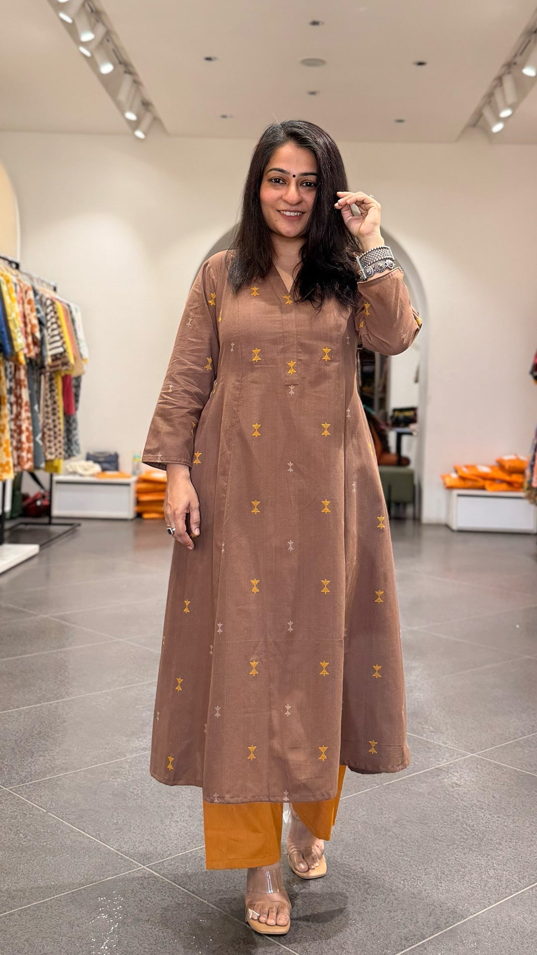 Amirah Hand Woven Kali Kurta In Cotton - Brown