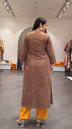 Amirah Hand Woven Kali Kurta In Cotton - Brown