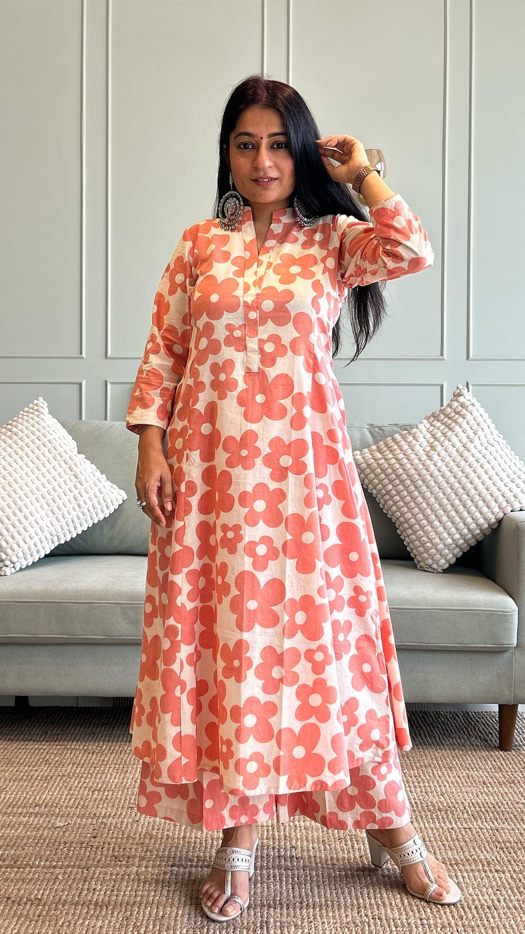 Kriva - Peach Floral Kali Kurta In Cotton