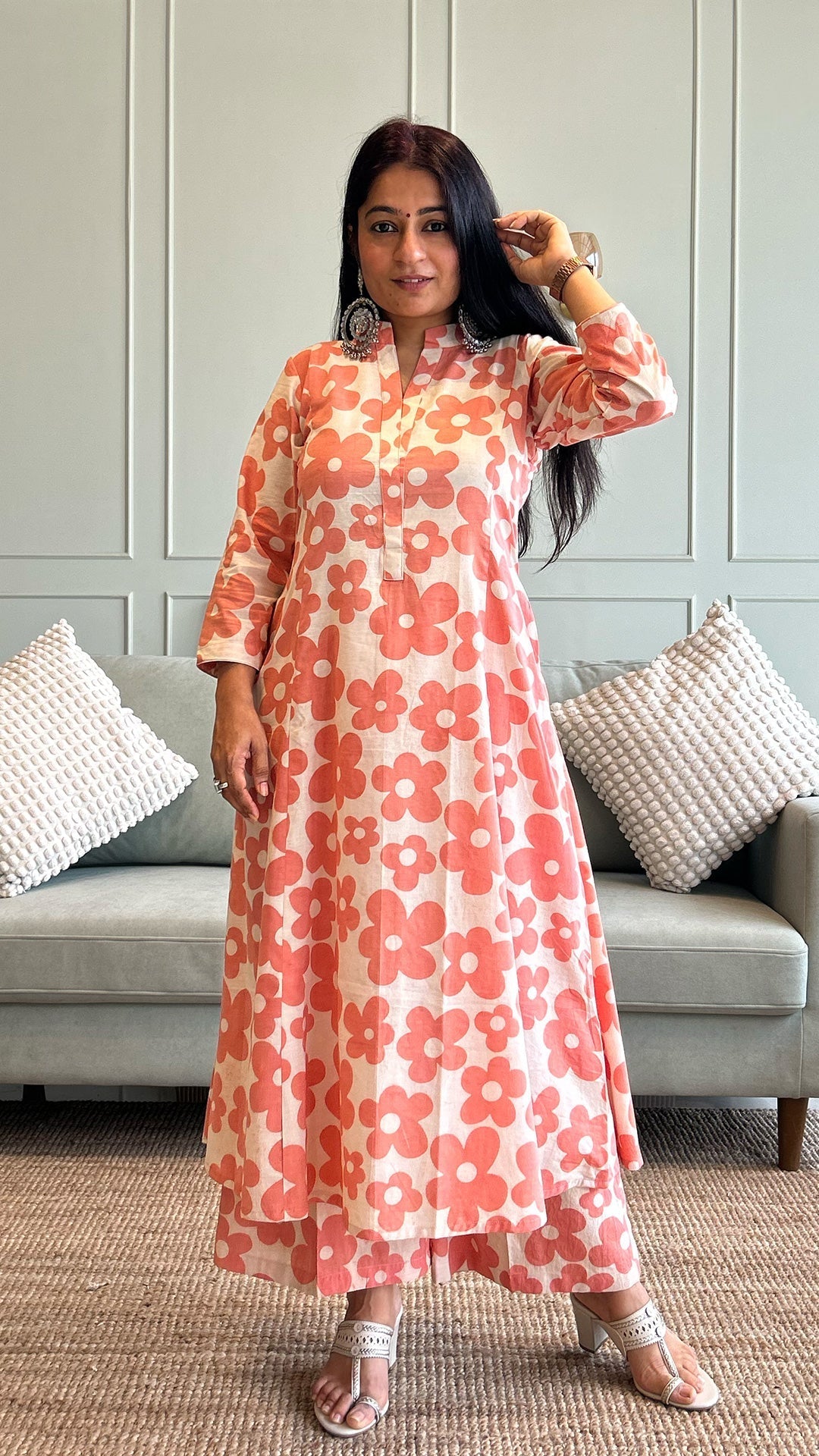 Kriva - Peach Floral Kali Kurta In Cotton