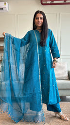 Keya Hand Woven Golden Zari Motif Kali Cotton Kurta - Blue