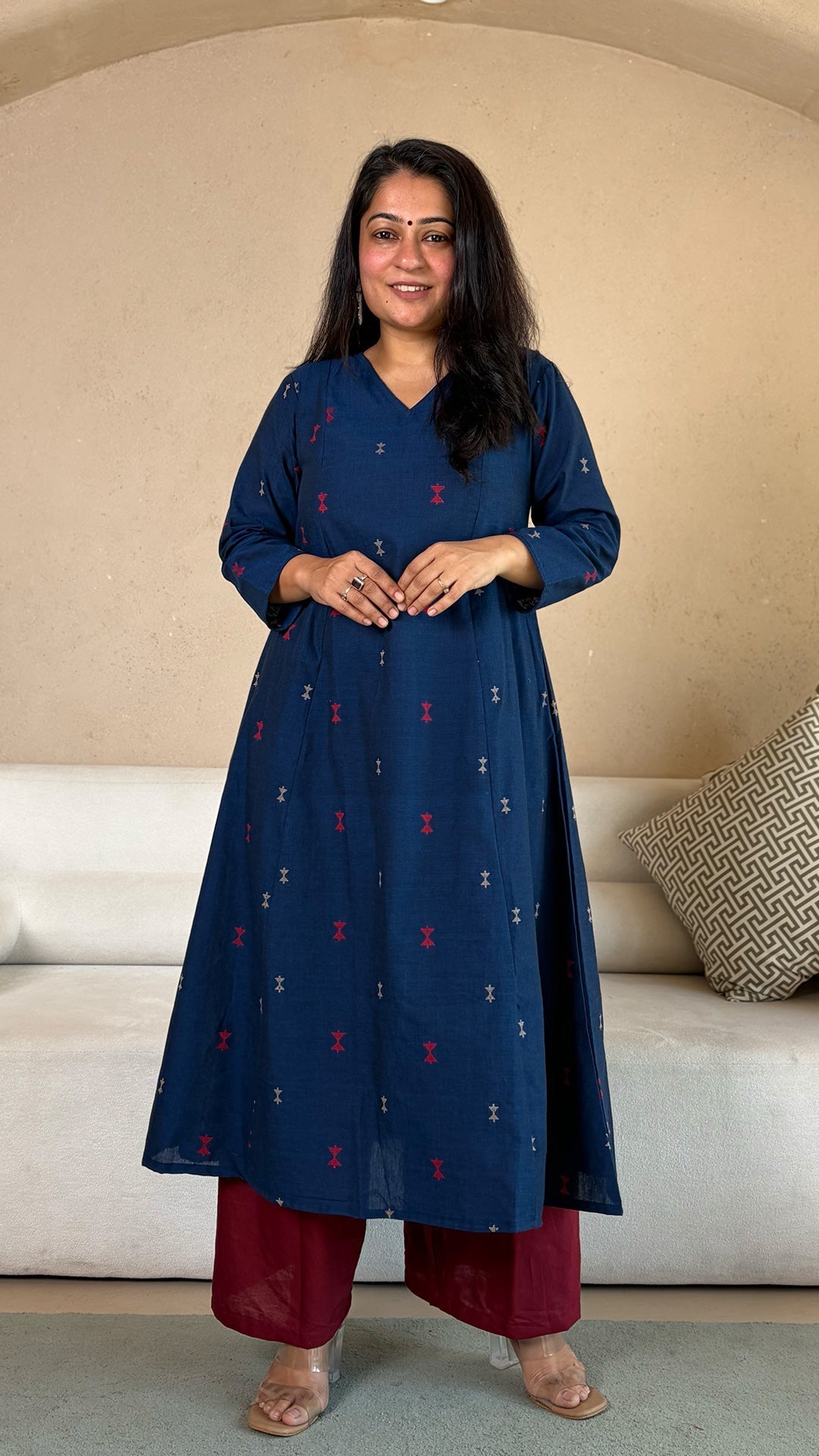 Azal Hand Woven Kali Kurta In Cotton - Navy Blue
