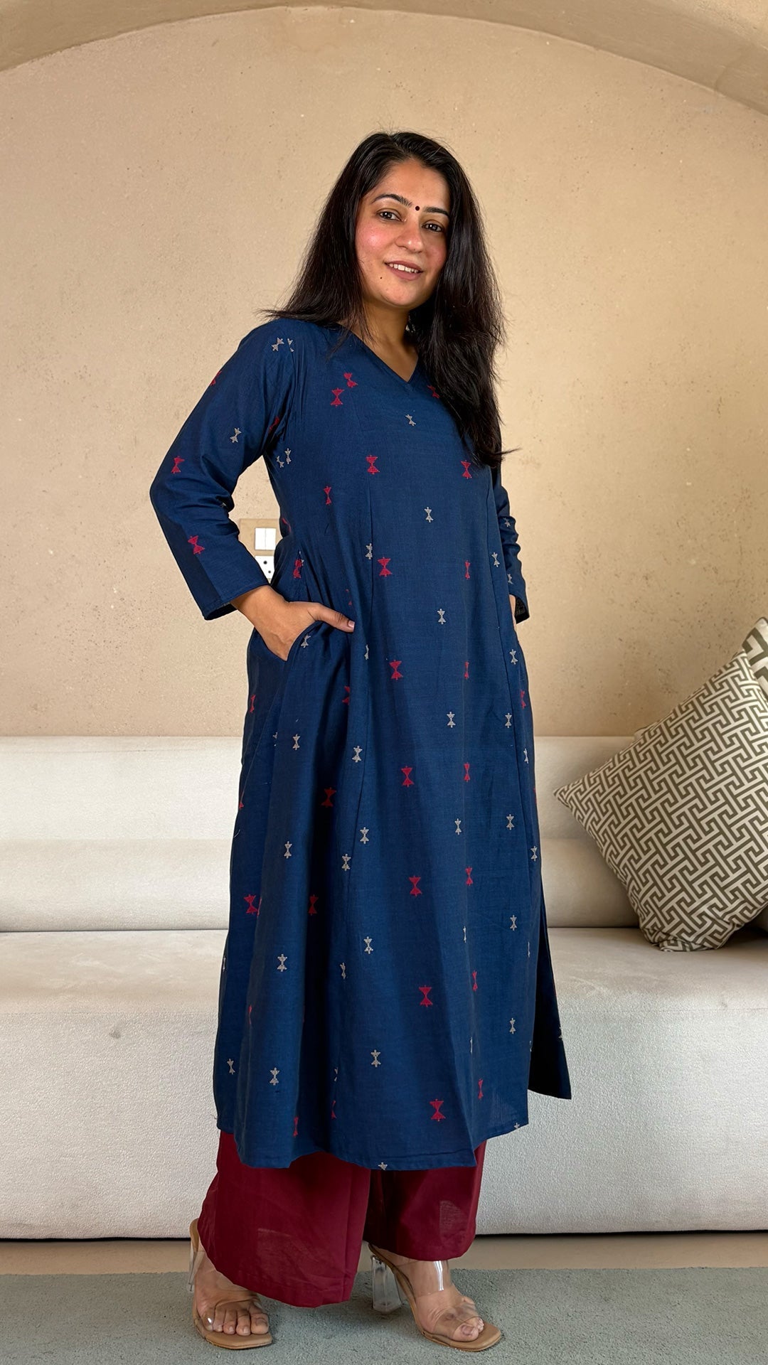 Azal Hand Woven Kali Kurta In Cotton - Navy Blue