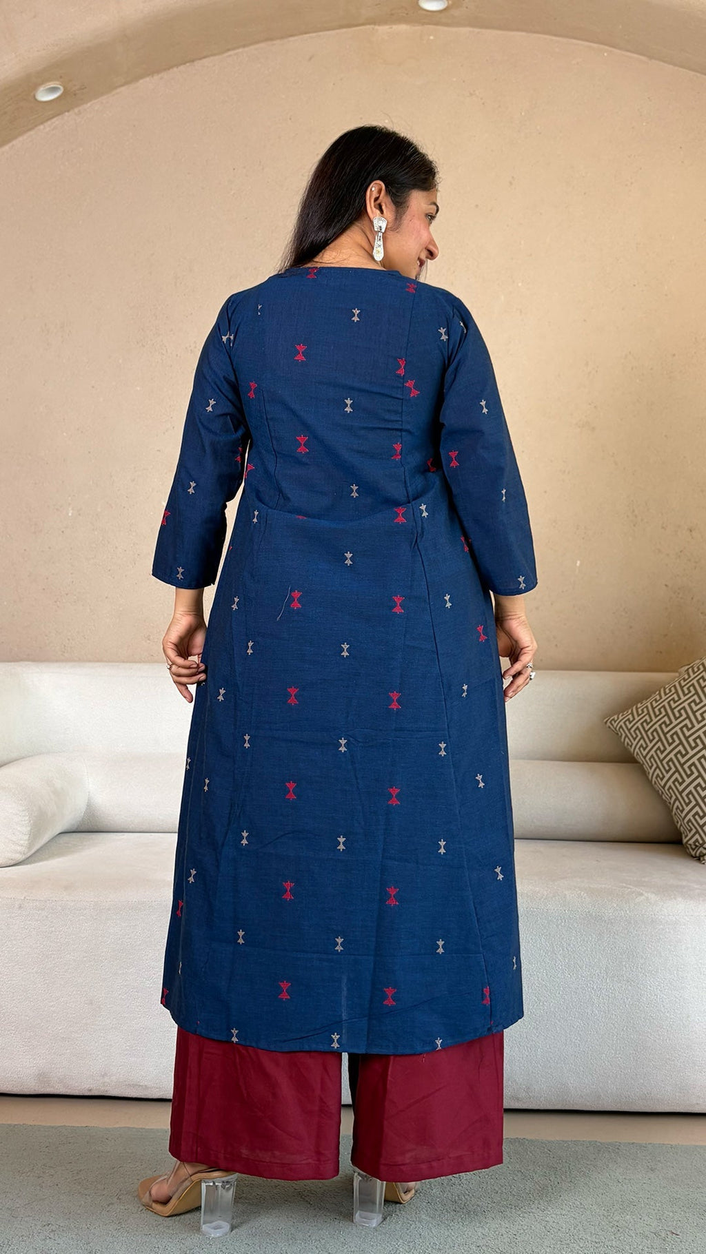 Azal Hand Woven Kali Kurta In Cotton - Navy Blue