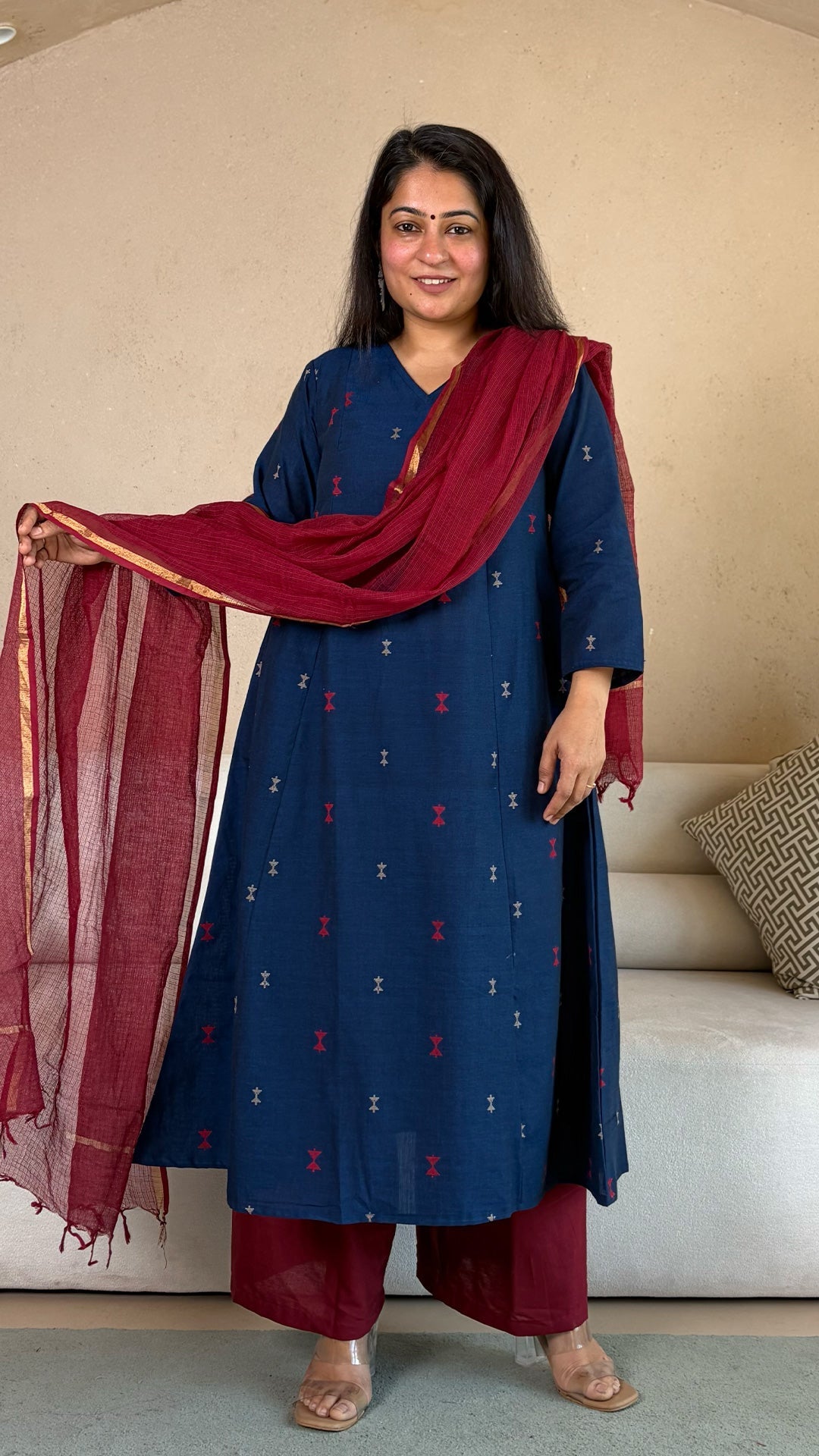 Azal Hand Woven Kali Kurta In Cotton - Navy Blue