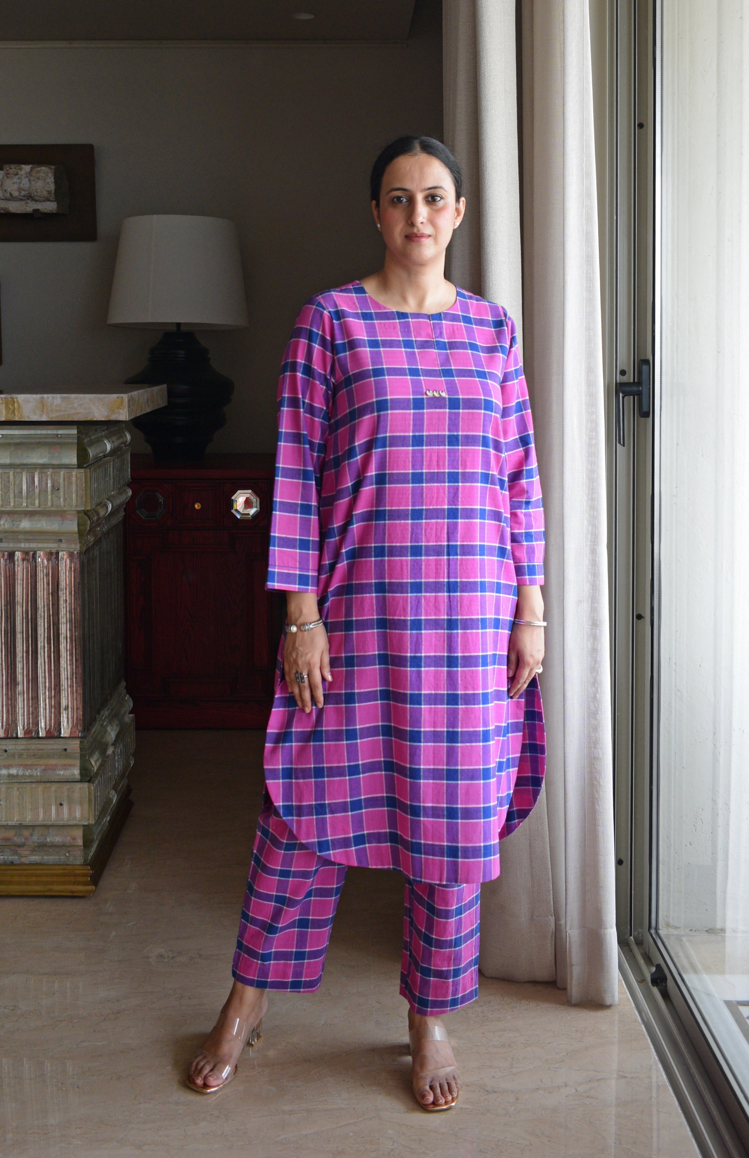Orchid Pink Co-ord Set in Handwoven Cotton Checks