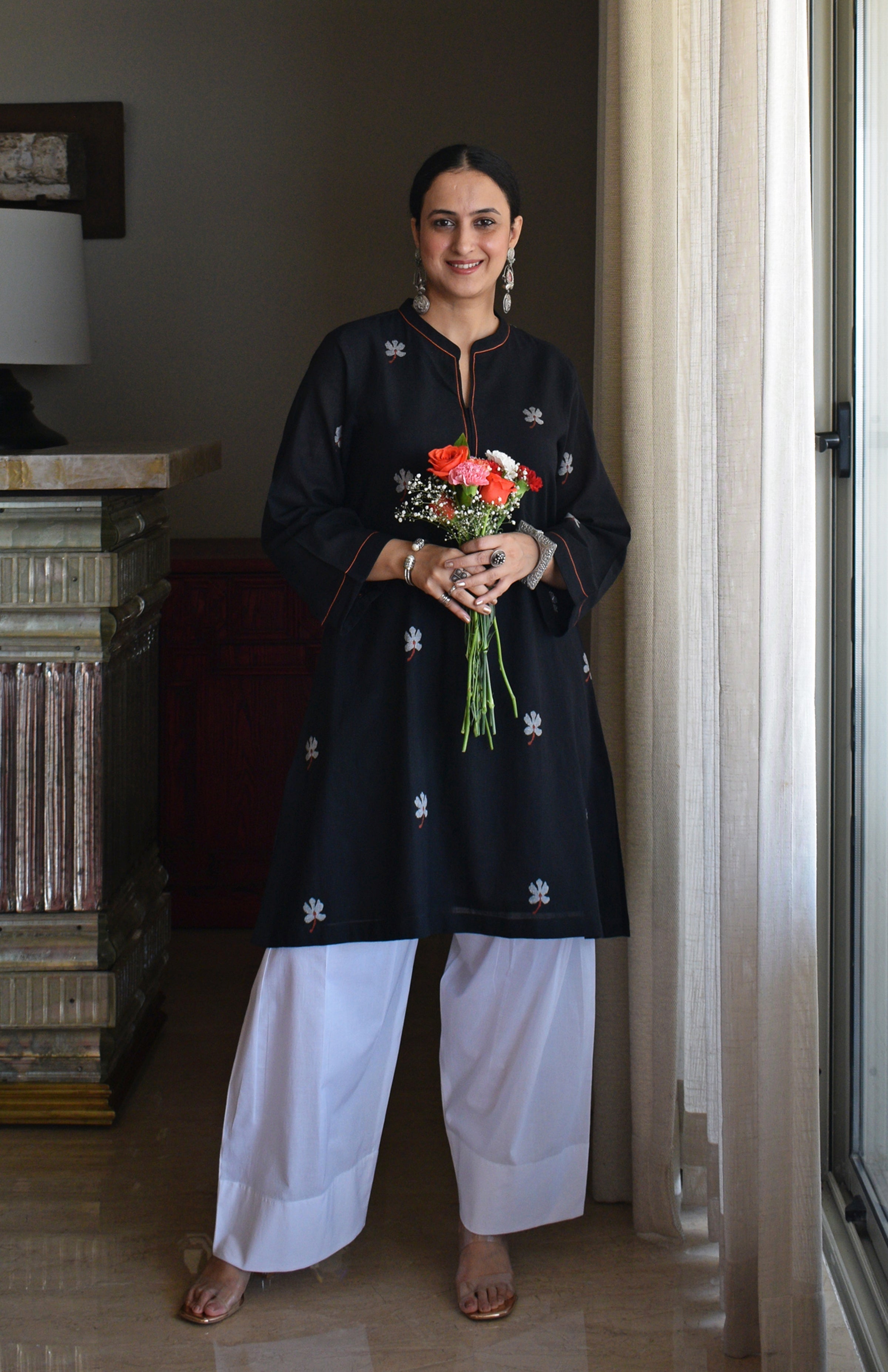 Black Jamdani Short Kurta with Pleated White Pyjama