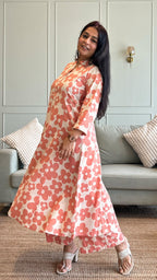 Kriva - Peach Floral Kali Kurta In Cotton