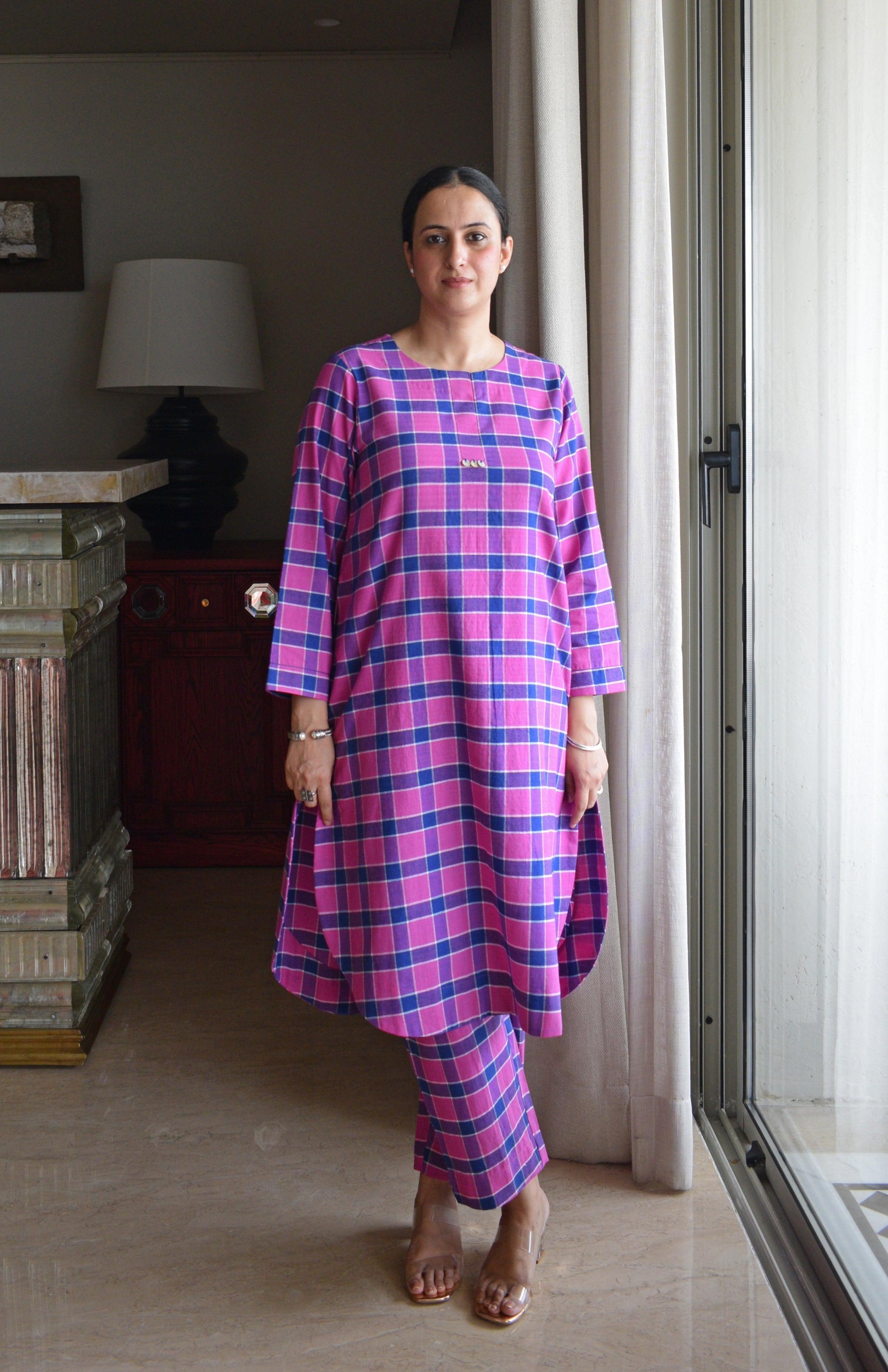 Orchid Pink Co-ord Set in Handwoven Cotton Checks