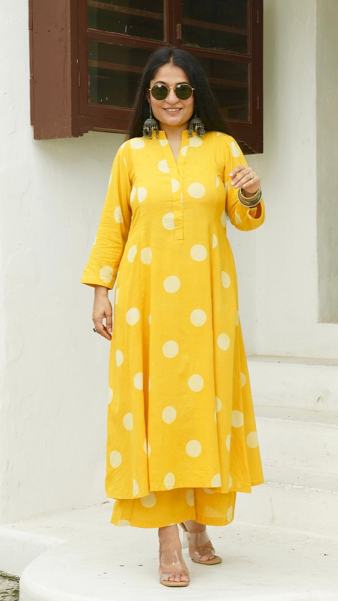 Yellow Polka Dots Kali Kurta In Cotton