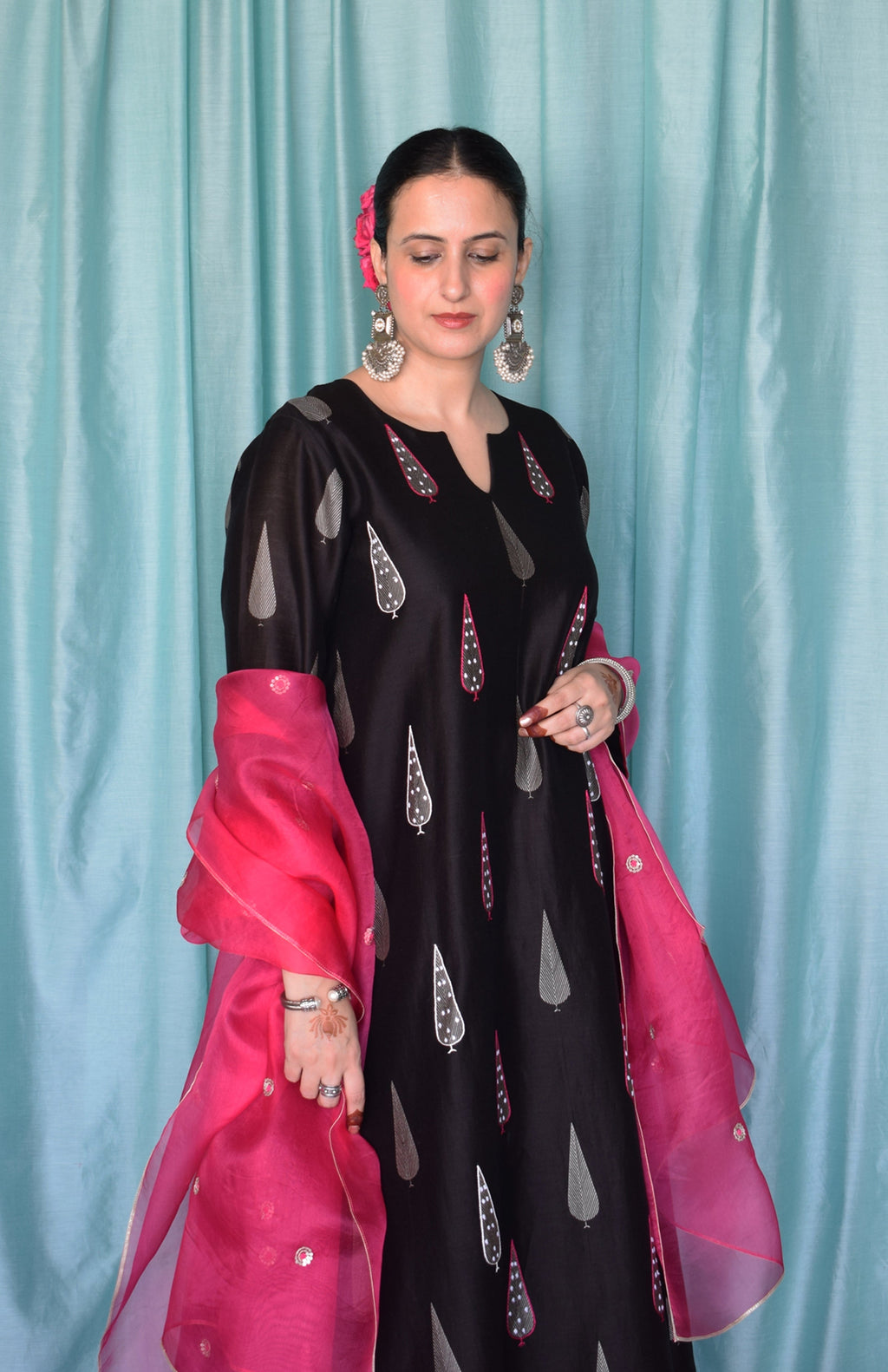 Shyam Chanderi Set with Hand Embroidered A line Kurta and Wide Legged Pyjama