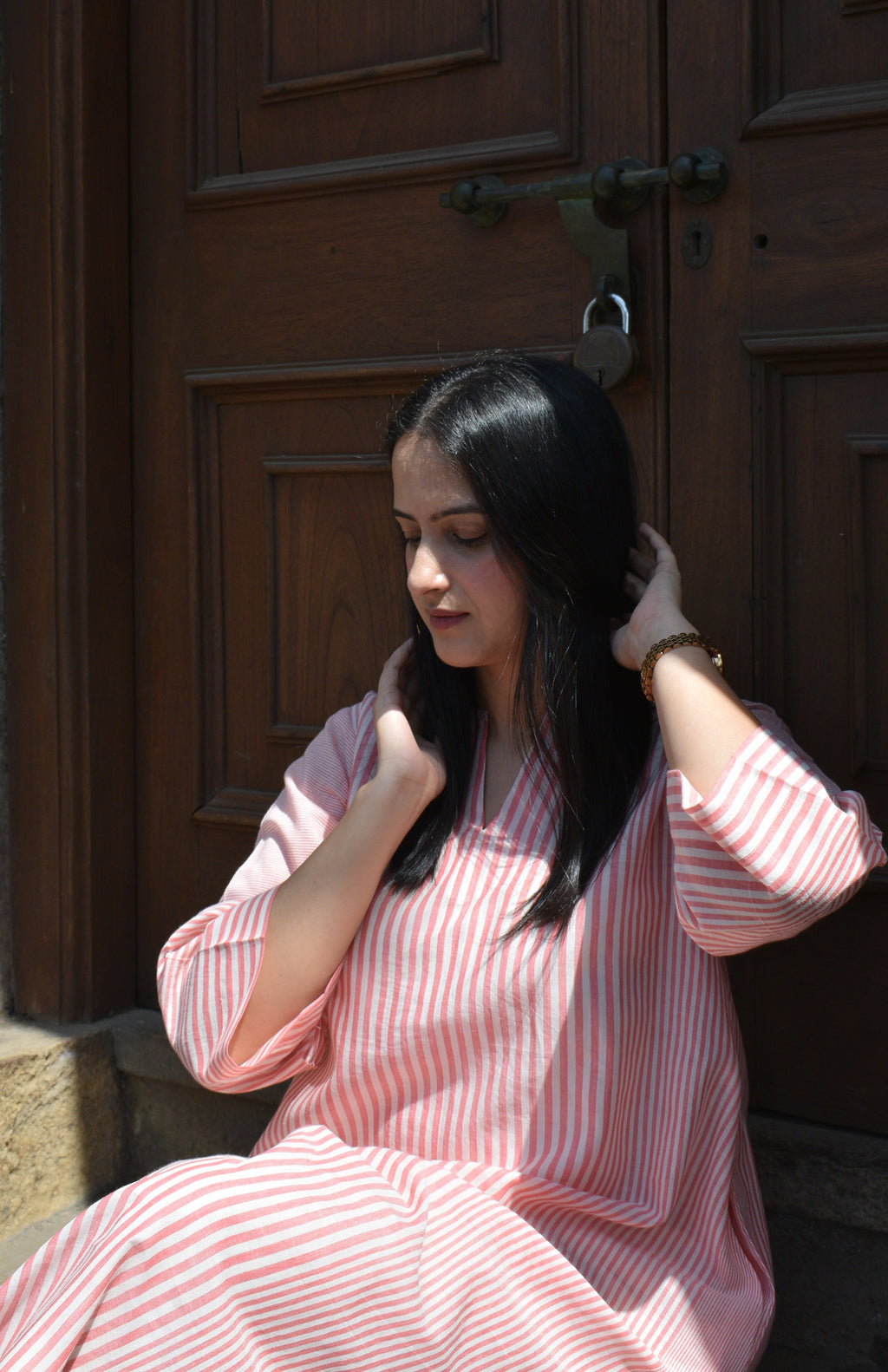 Coral Stripe A line kurta in Handwoven cotton