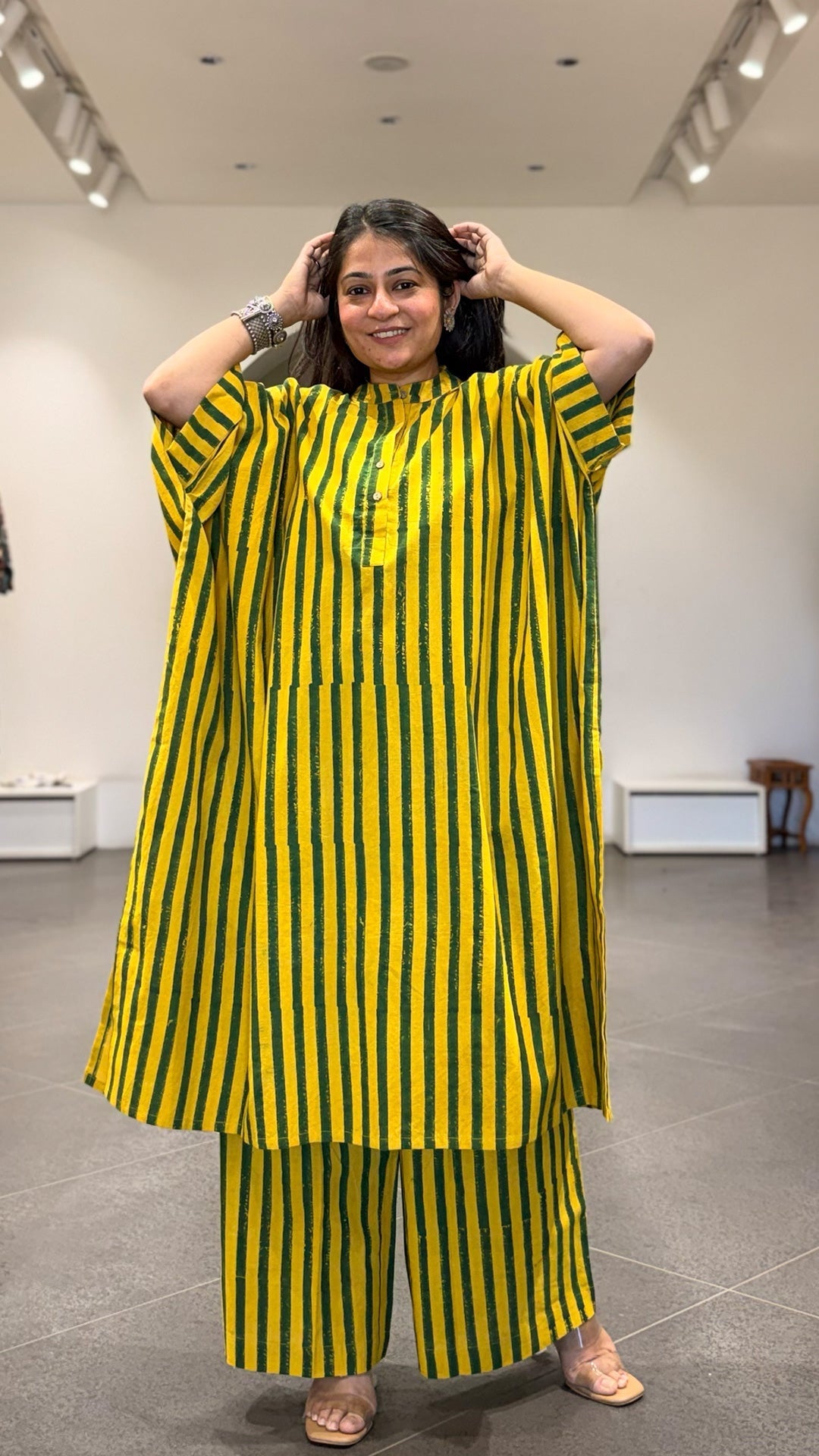 Joe Ajrakh Cotton Kaftan Co-ord - Yellow/Green