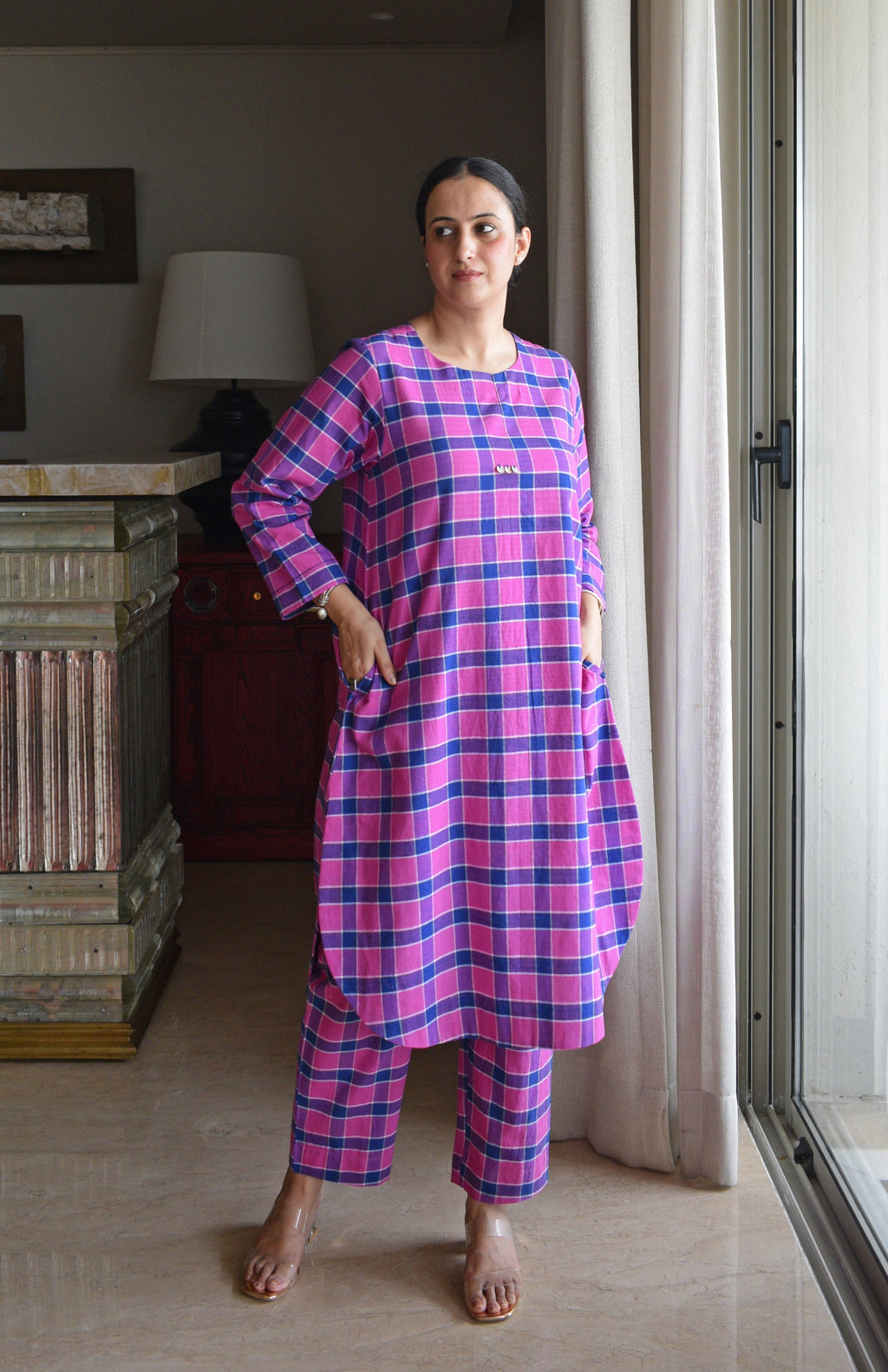 Orchid Pink Co-ord Set in Handwoven Cotton Checks