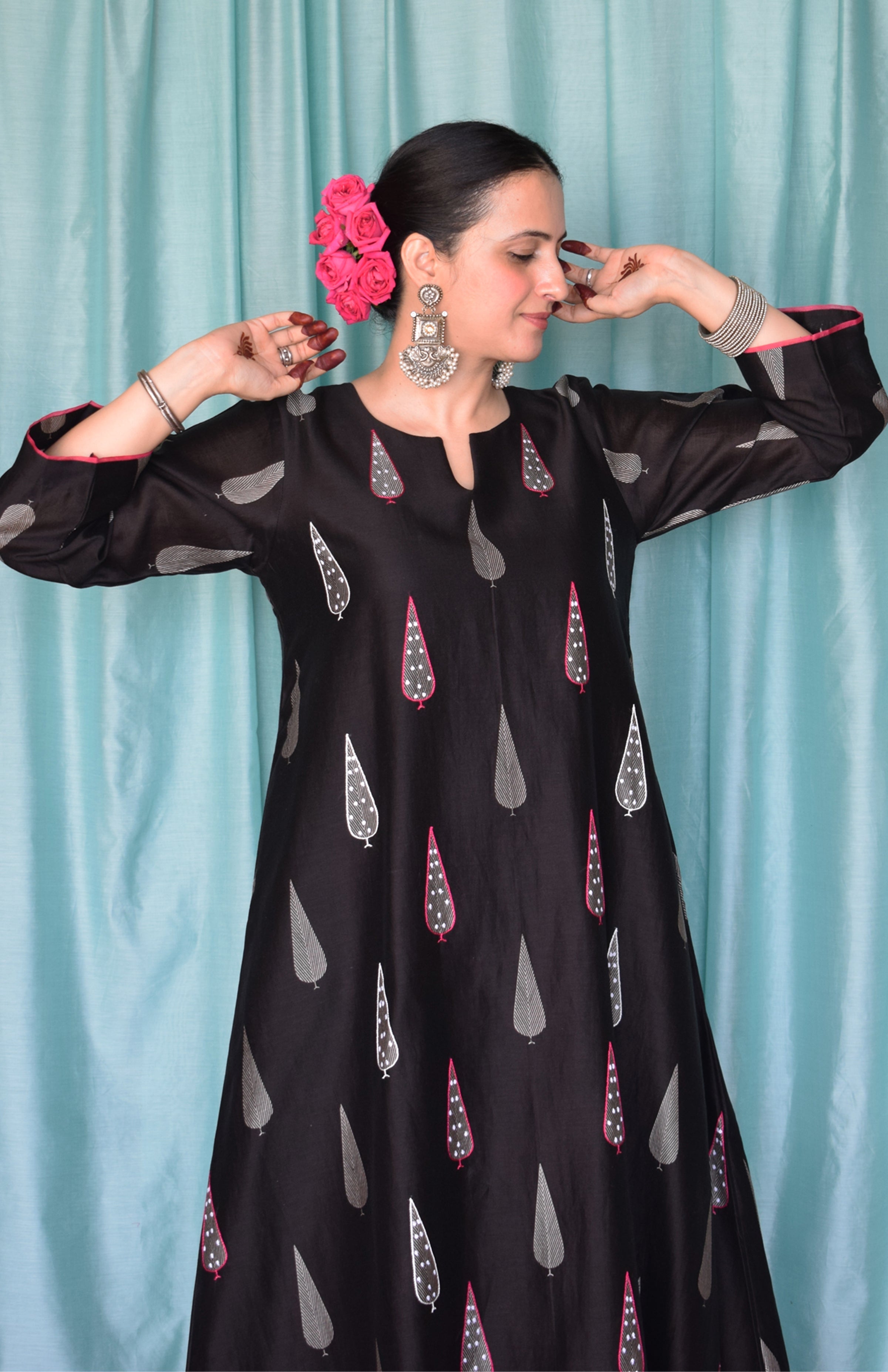 Shyam Chanderi Set with Hand Embroidered A line Kurta and Wide Legged Pyjama