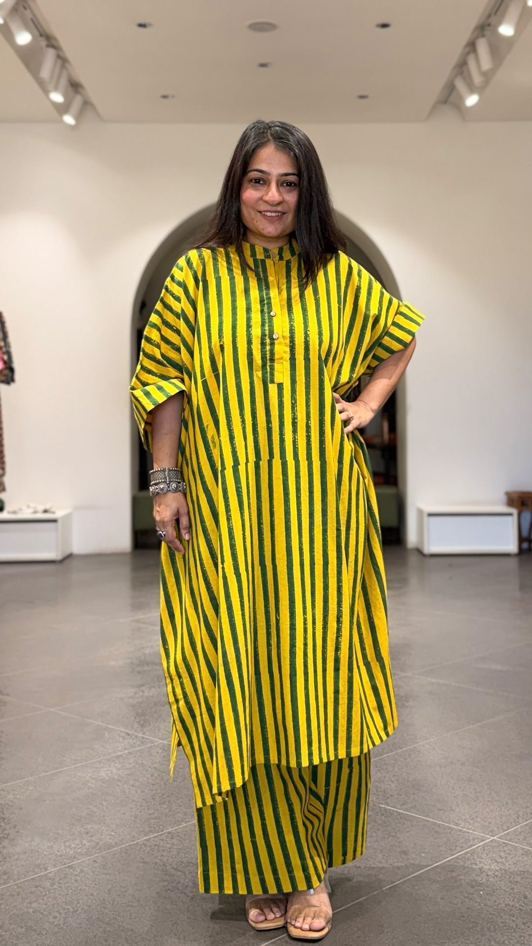 Joe Ajrakh Cotton Kaftan Co-ord - Yellow/Green