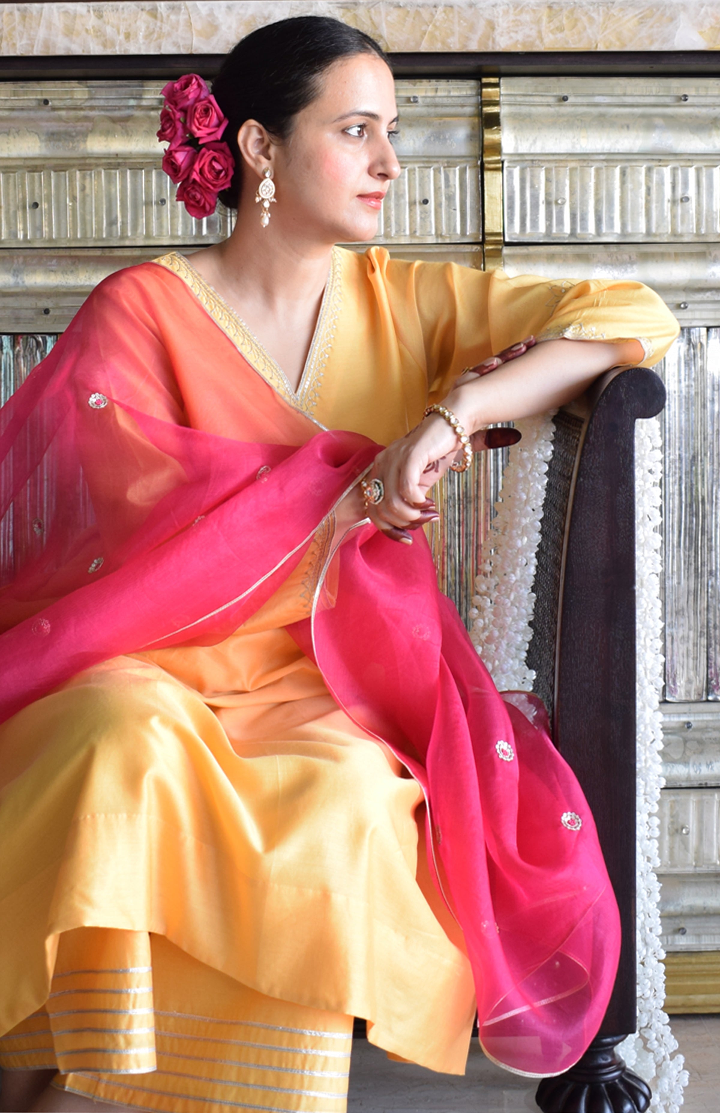 Kanak Chanderi Set with Hand Embroidered A line Kurta and Wide Legged Pyjama