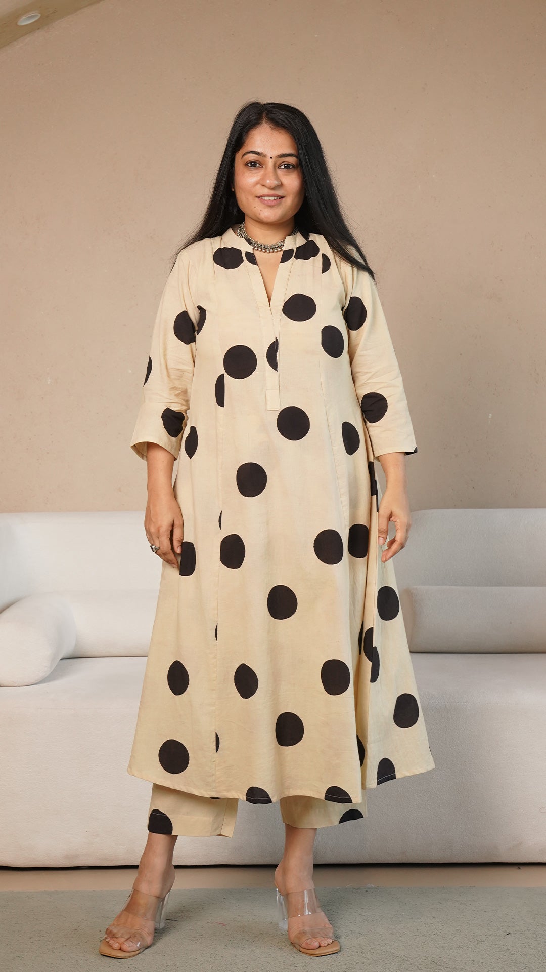 Kriya Polka Dots Hand Block Kali Cotton Kurta - Beige/Black