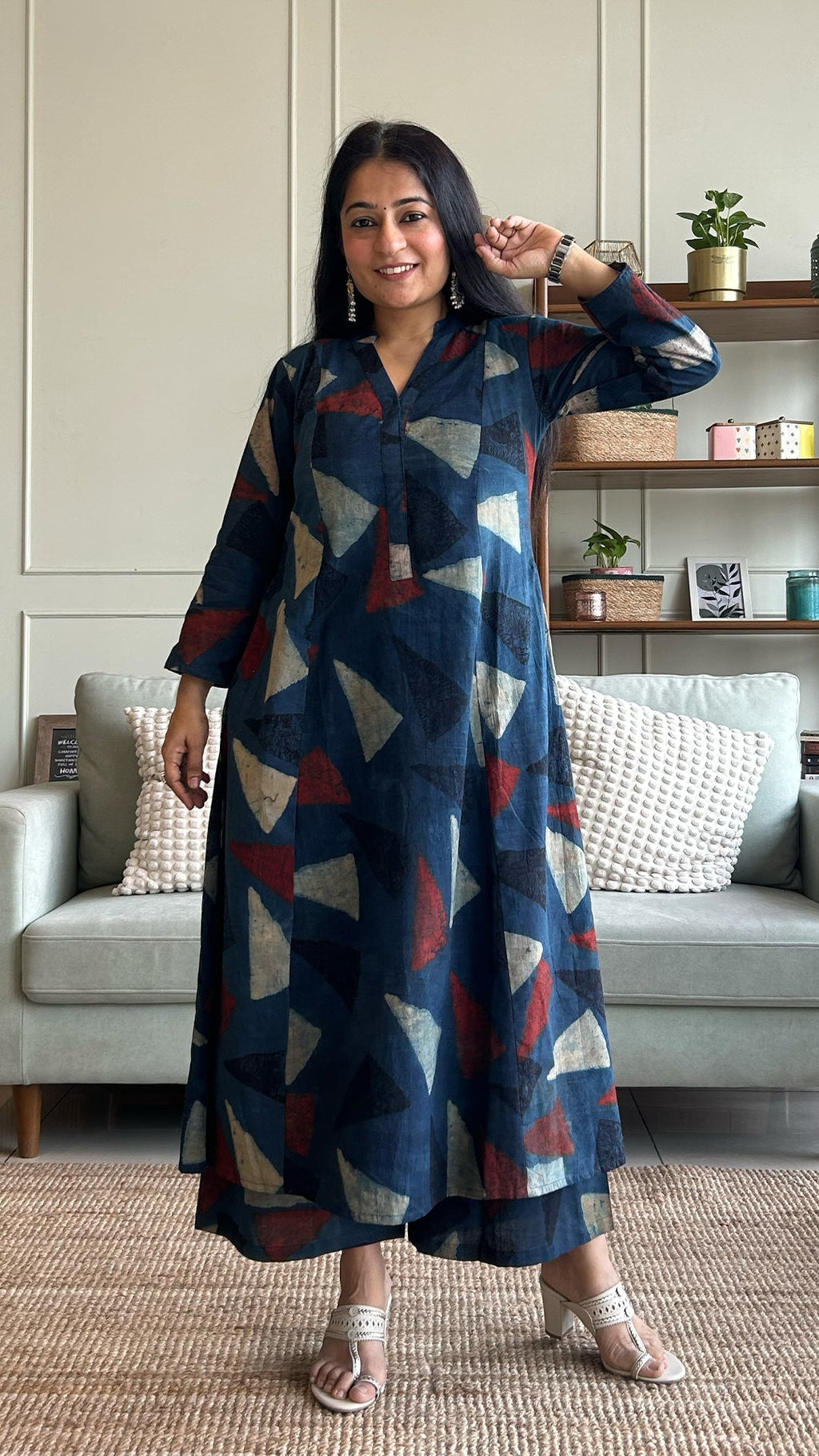 Mansi Ajrakh Handblock Kali Kurta - Indigo