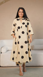 Kriya Polka Dots Hand Block Kali Cotton Kurta - Beige/Black