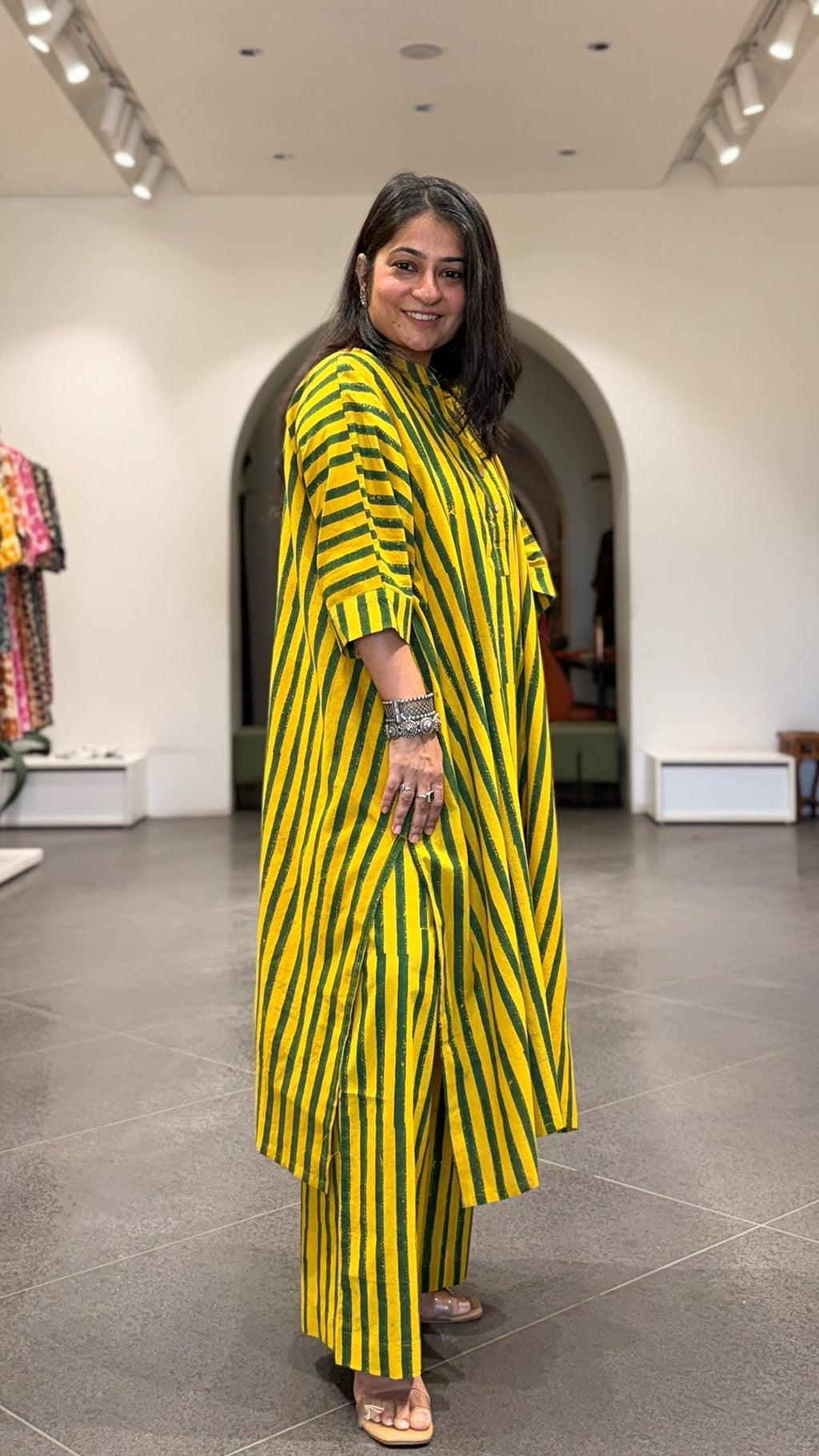 Joe Ajrakh Cotton Kaftan Co-ord - Yellow/Green