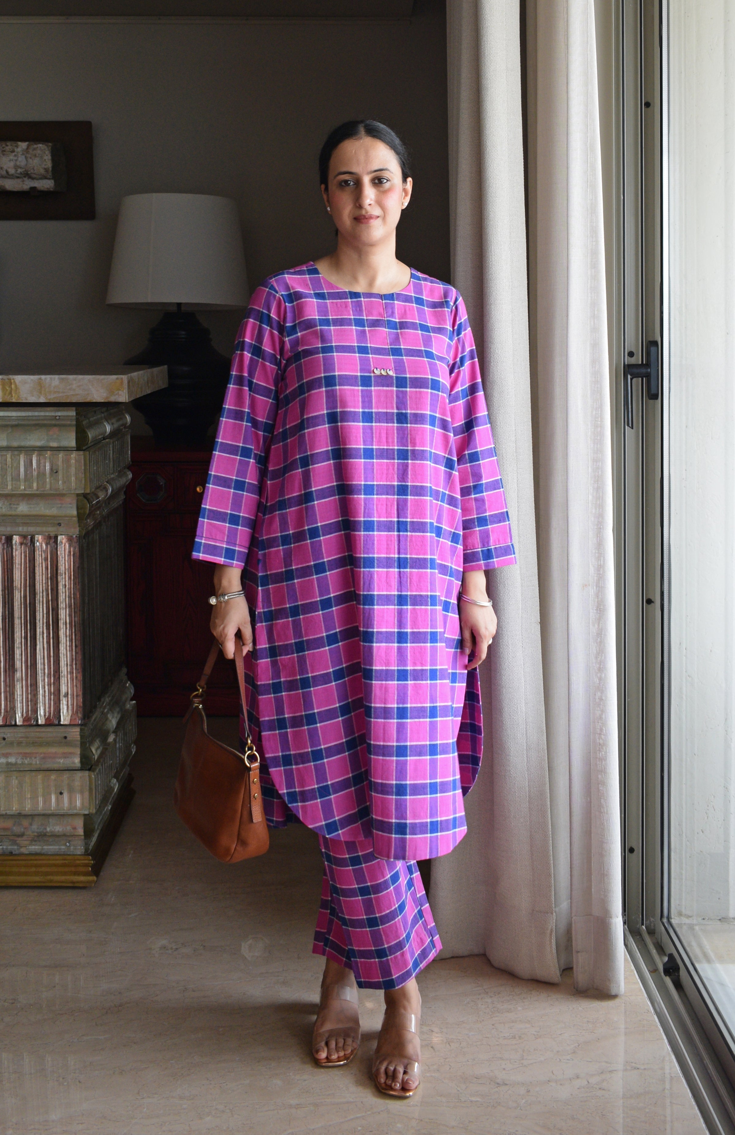 Orchid Pink Co-ord Set in Handwoven Cotton Checks