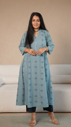 Yesha Hand Woven Kali Cotton Kurta - Ice Blue