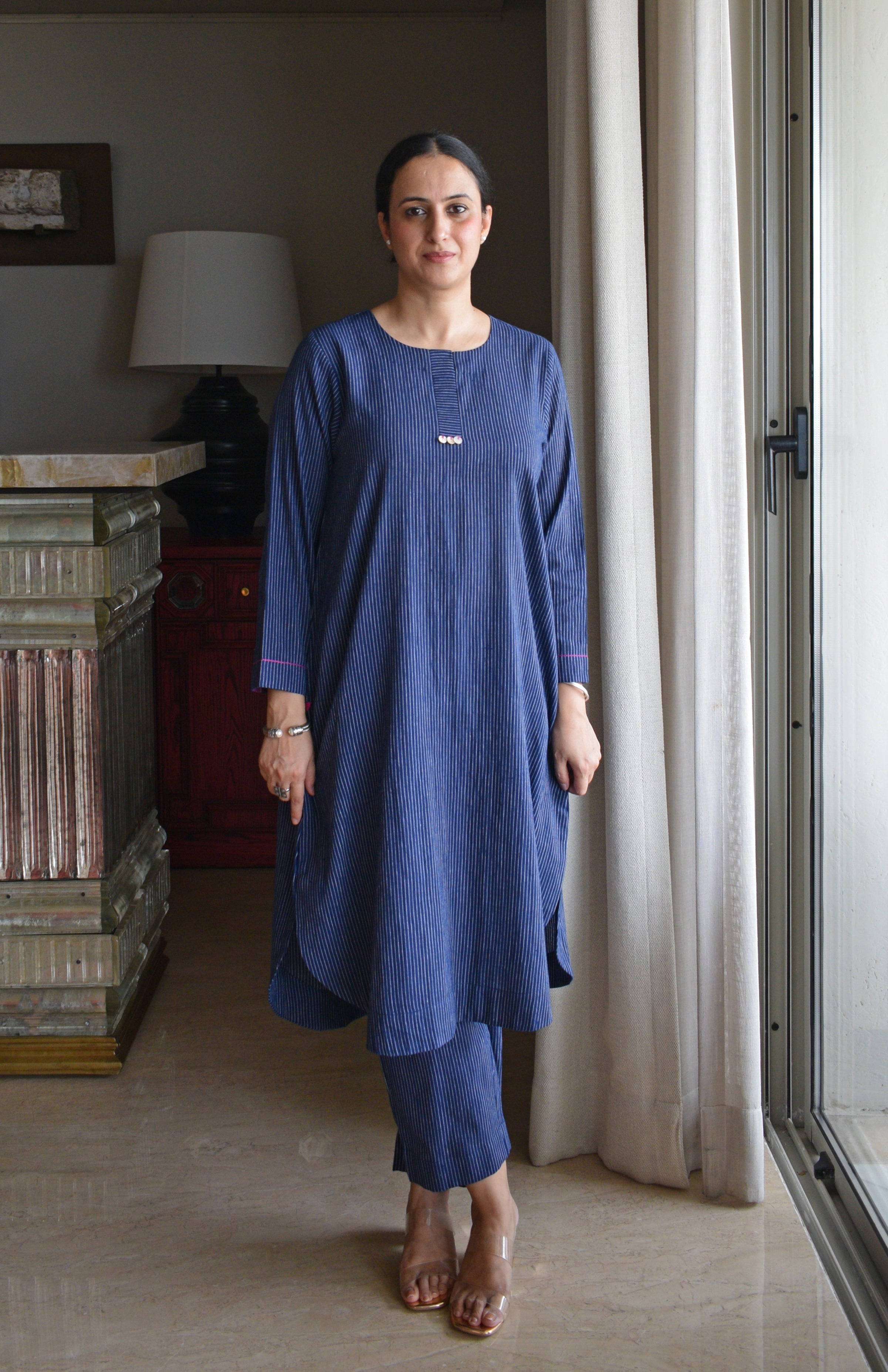 Navy Blue Striped Co-ord Set in Handwoven Cotton