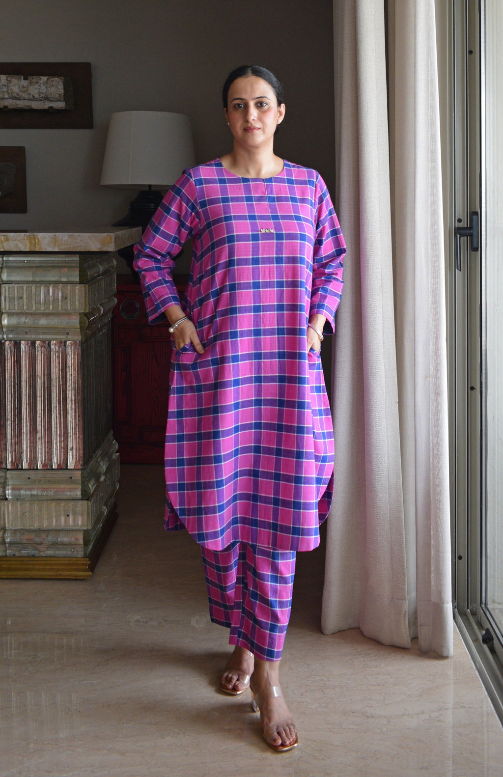 Orchid Pink Co-ord Set in Handwoven Cotton Checks