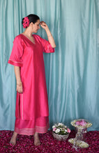 Rohini Chanderi Set with Hand Embroidered Choga Kurta and Wide Legged Pyjama