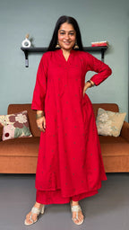 Simran Red Hand Woven Kali Cotton Kurta