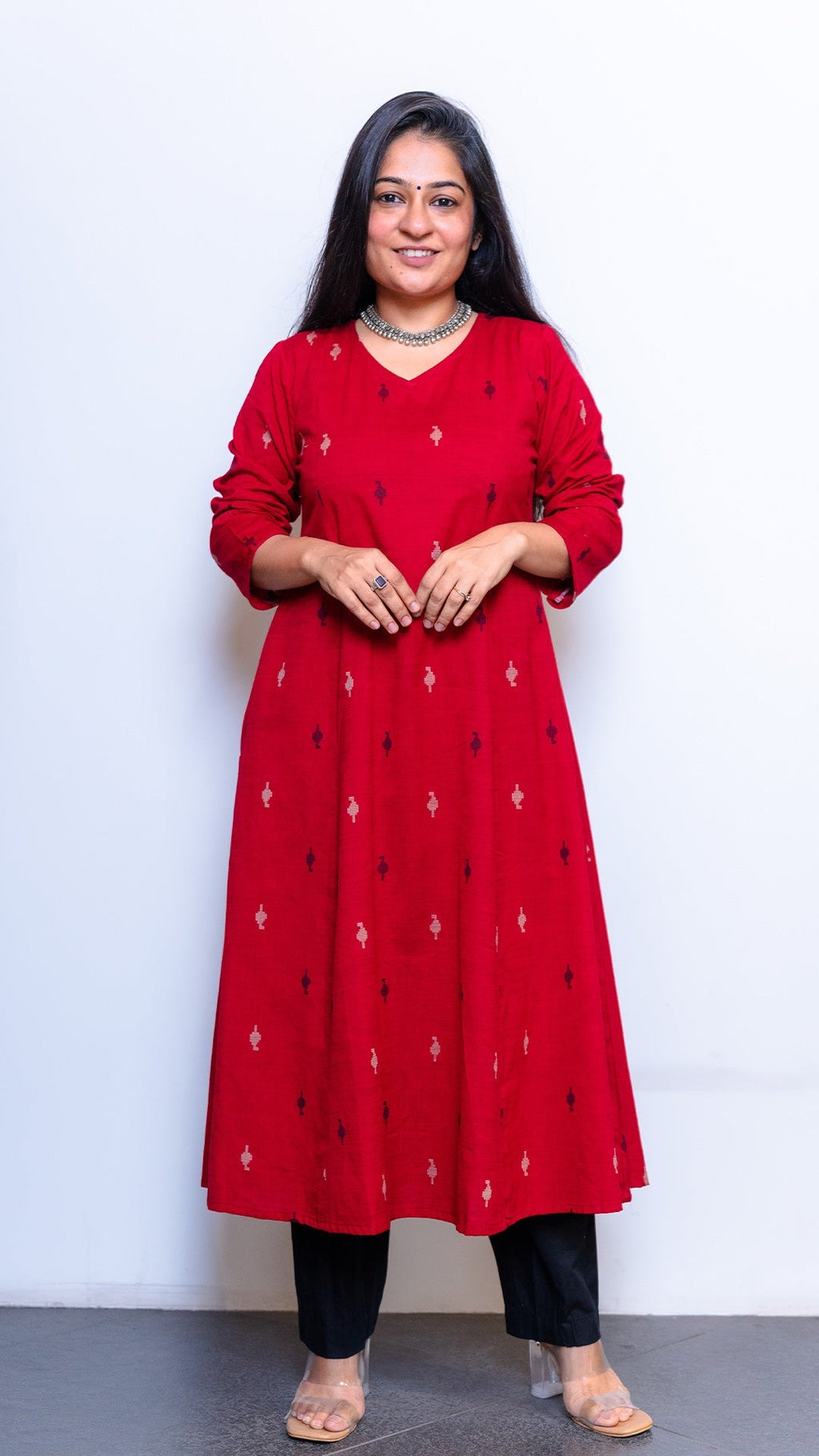 Adah Red Hand Woven Kali Kurta