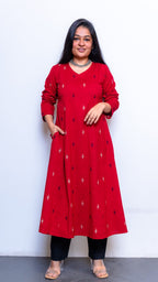 Adah Red Hand Woven Kali Kurta