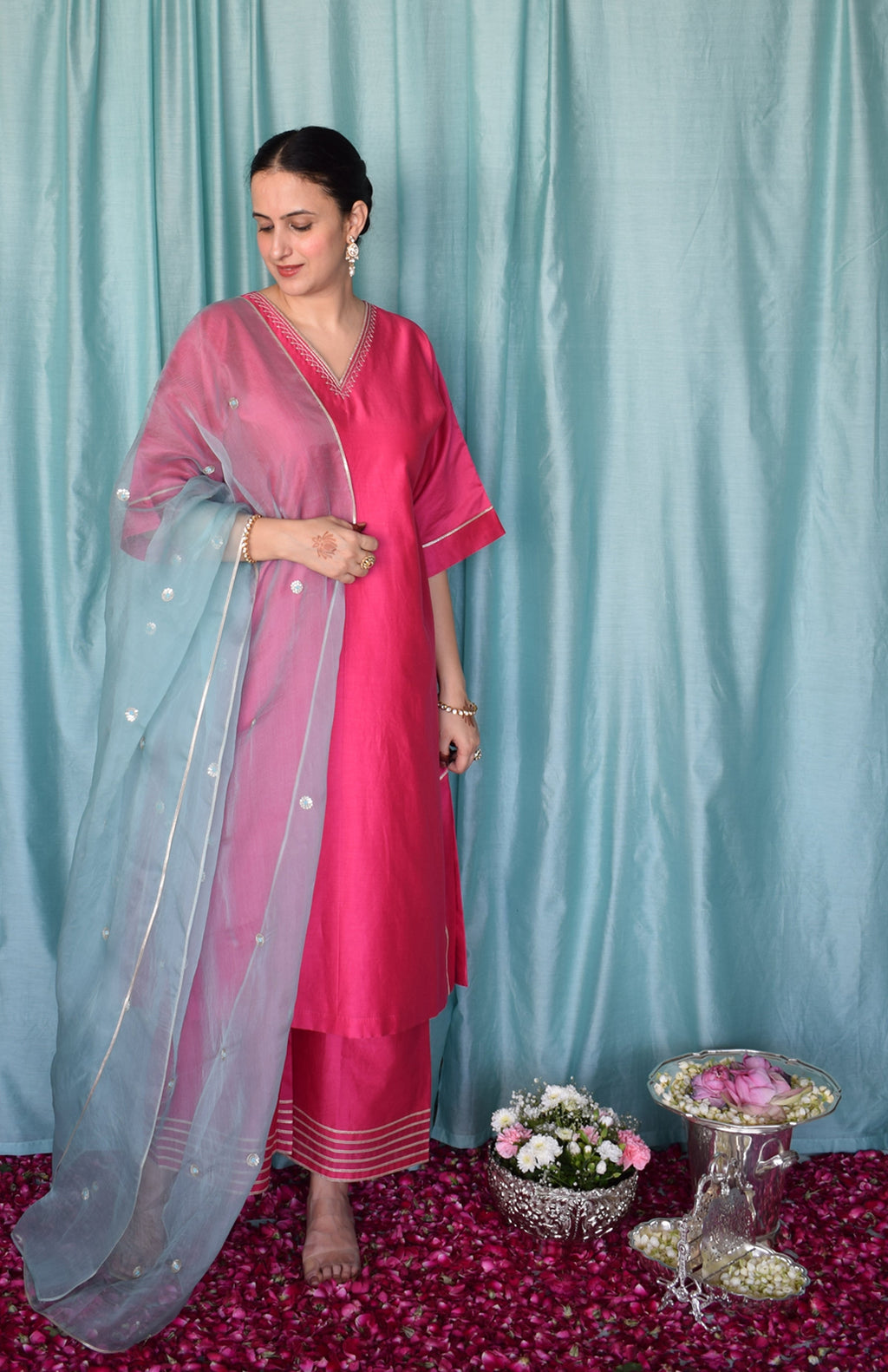 Rohini Chanderi Set with Hand Embroidered Choga Kurta and Wide Legged Pyjama
