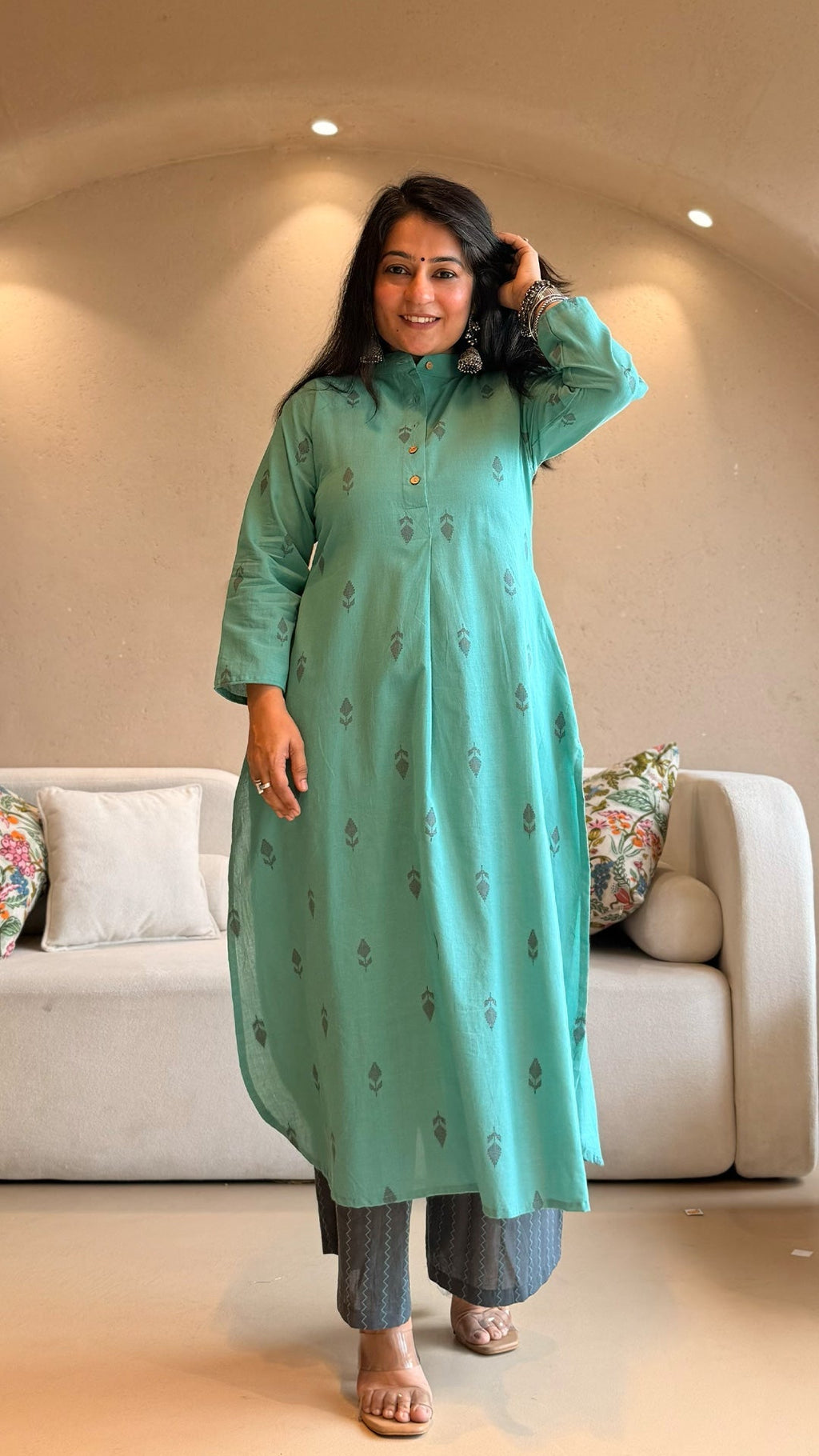 Mehaa Hand Woven Cotton Kurta - Turquoise