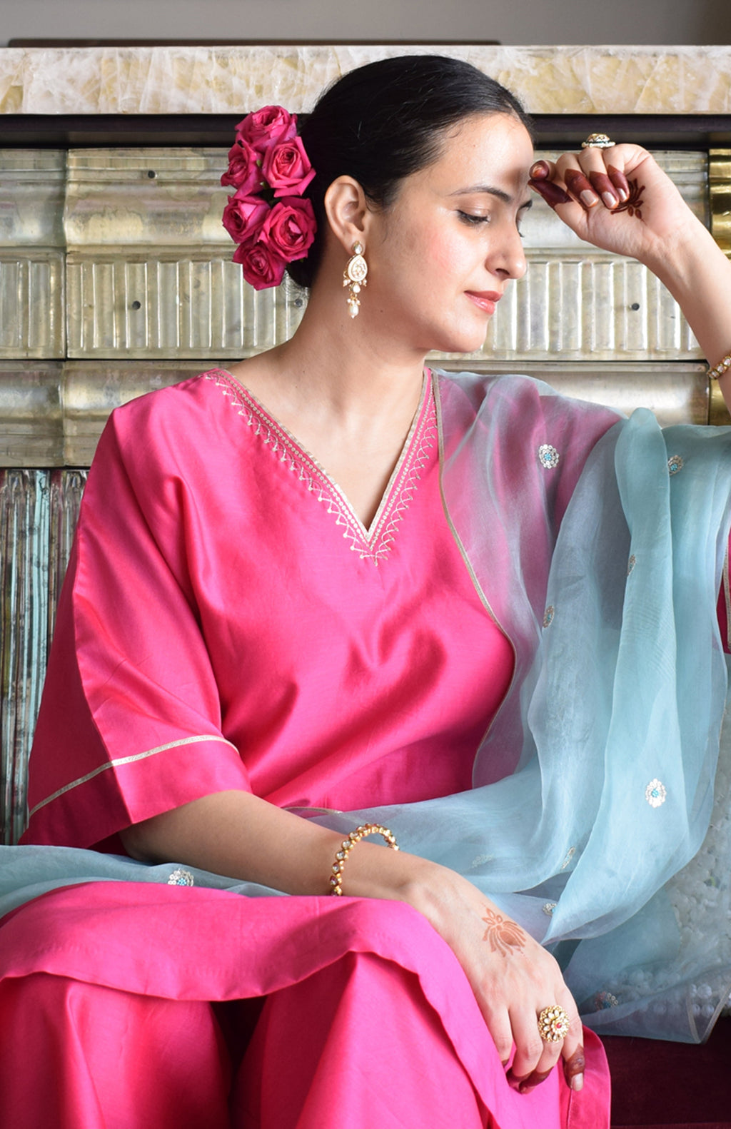 Rohini Chanderi Set with Hand Embroidered Choga Kurta and Wide Legged Pyjama