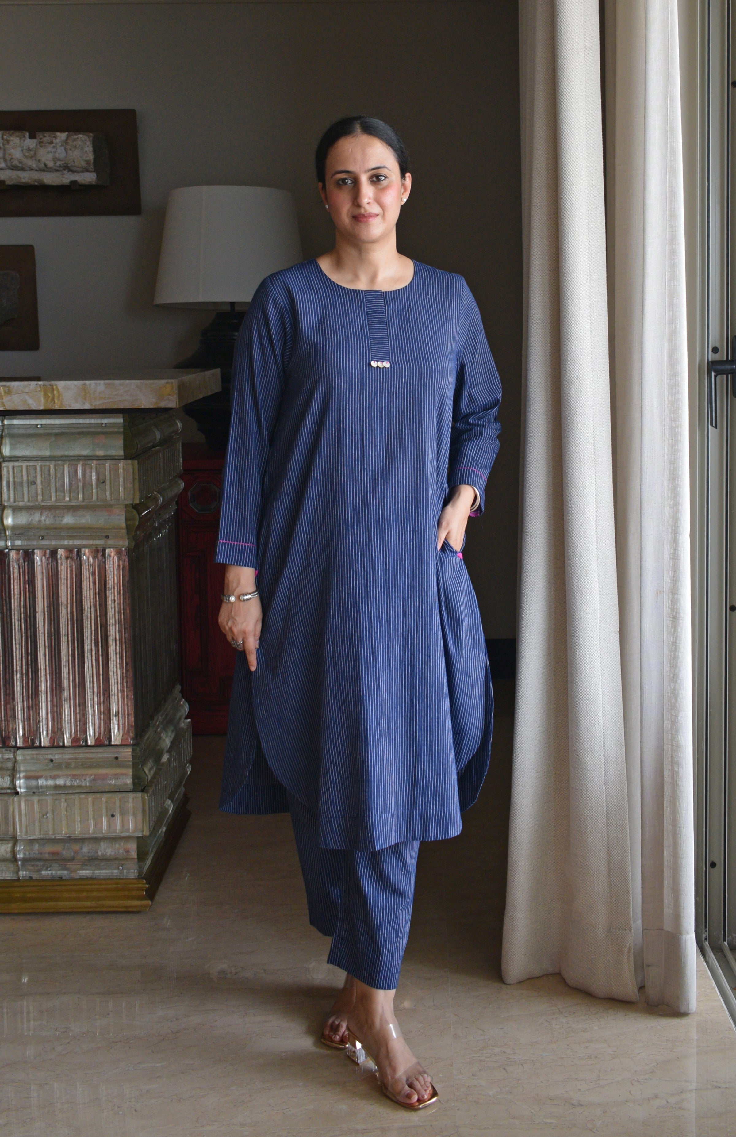 Navy Blue Striped Co-ord Set in Handwoven Cotton