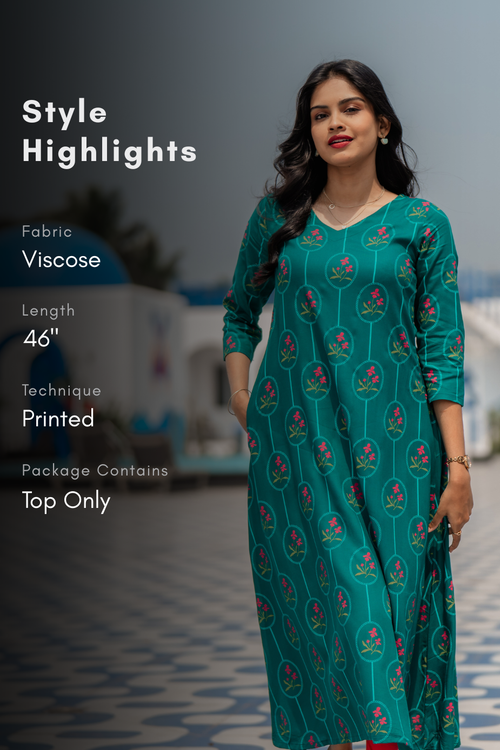 Aara Bloom Green Viscose A-Line Kurta with V-Neck & 3/4th Sleeves