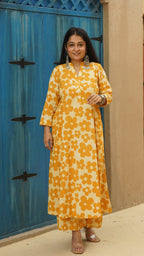 Kosha - Yellow Floral Kali Kurta In Cotton