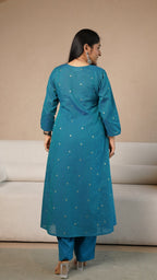 Keya Hand Woven Golden Zari Motif Kali Cotton Kurta - Blue