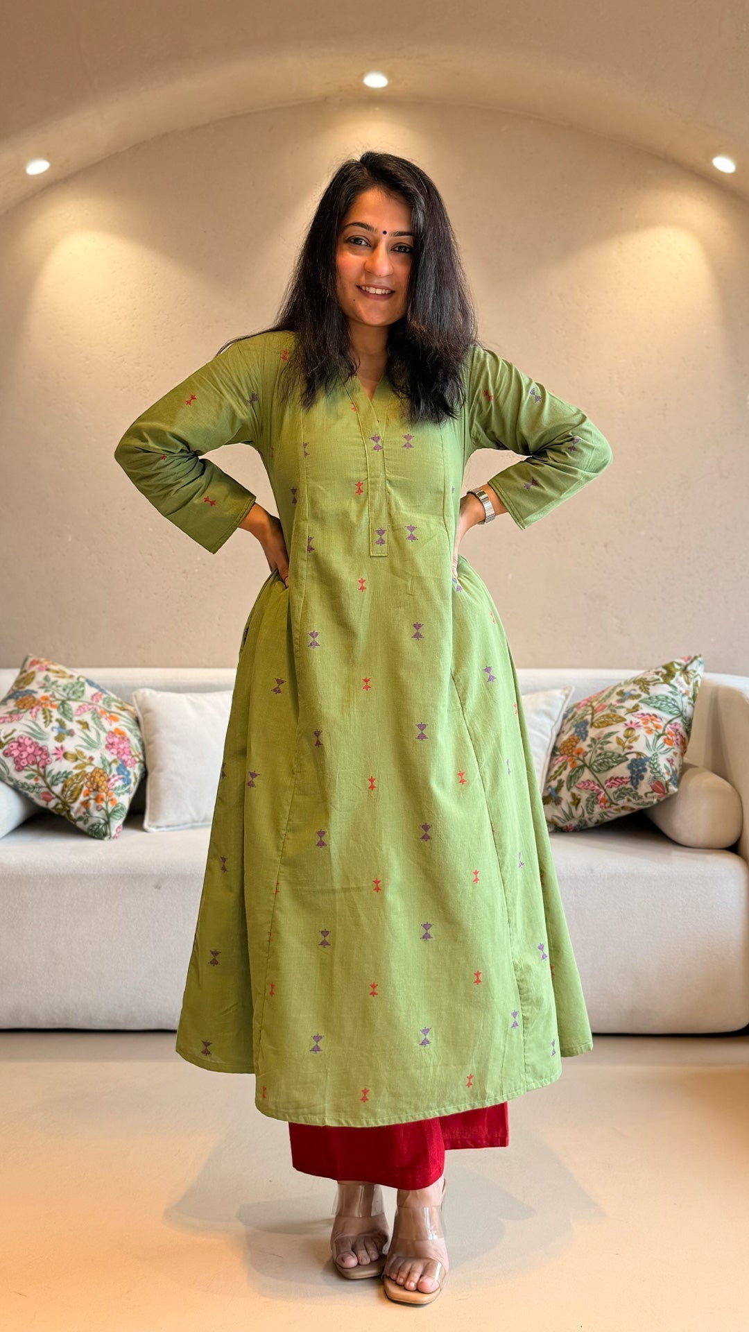 Mousam Hand Woven Kali Kurta In Cotton - Green
