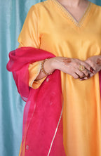 Kanak Chanderi Set with Hand Embroidered A line Kurta and Wide Legged Pyjama