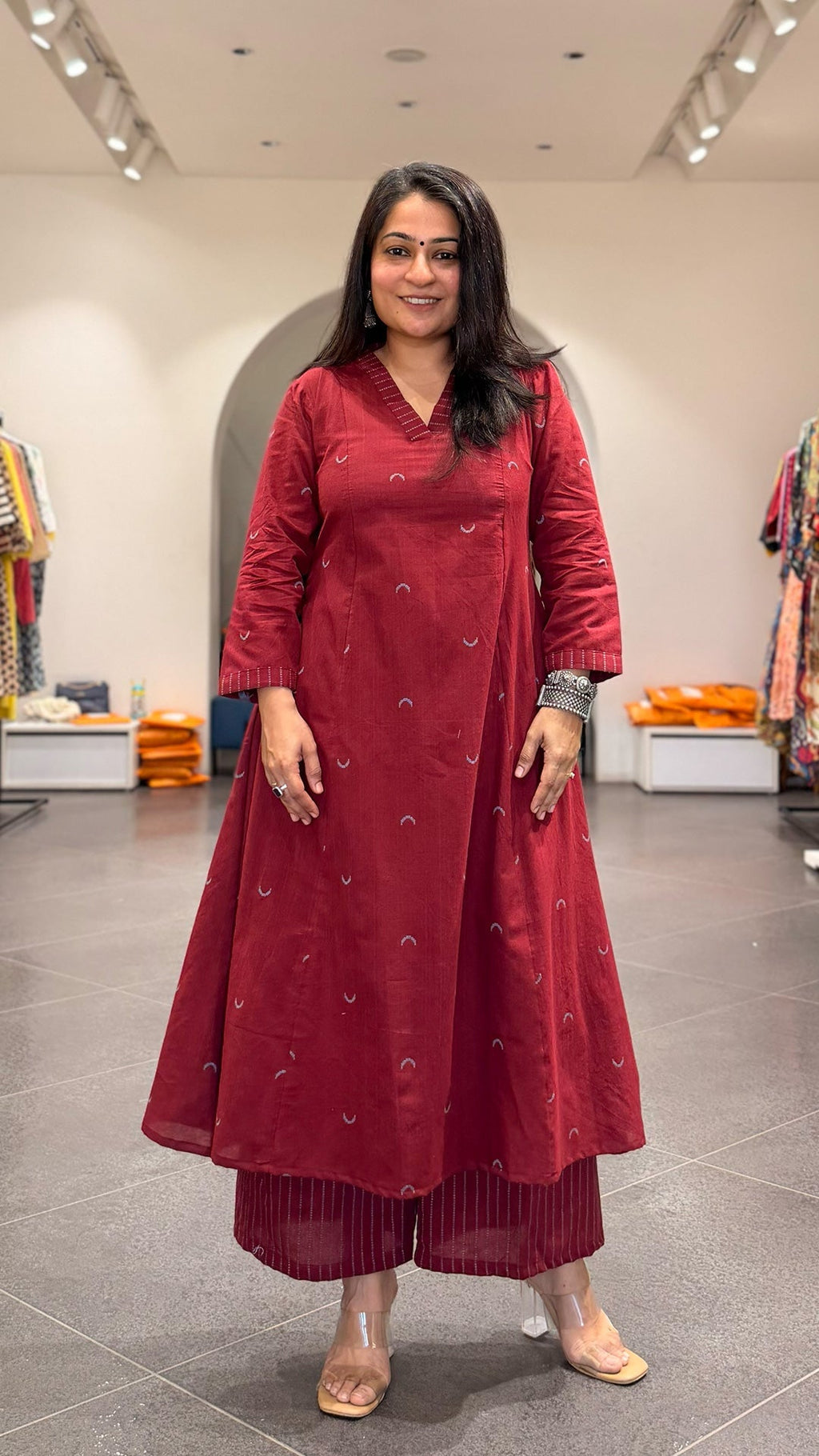 Maroon Chand Hand Woven Kali Kurta In Cotton