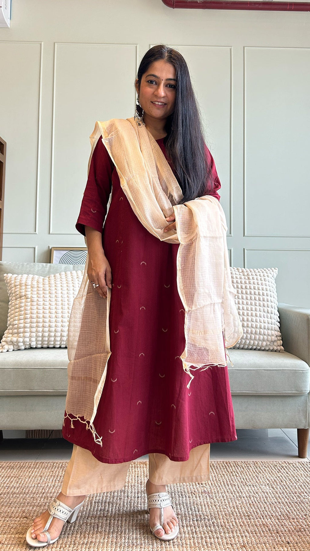 Ziva Chand Motif Hand Woven Kali Cotton Kurta - Maroon