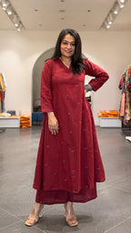 Maroon Chand Hand Woven Kali Kurta In Cotton