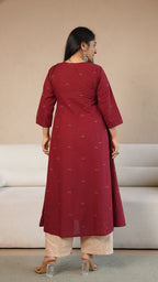 Ziva Chand Motif Hand Woven Kali Cotton Kurta - Maroon