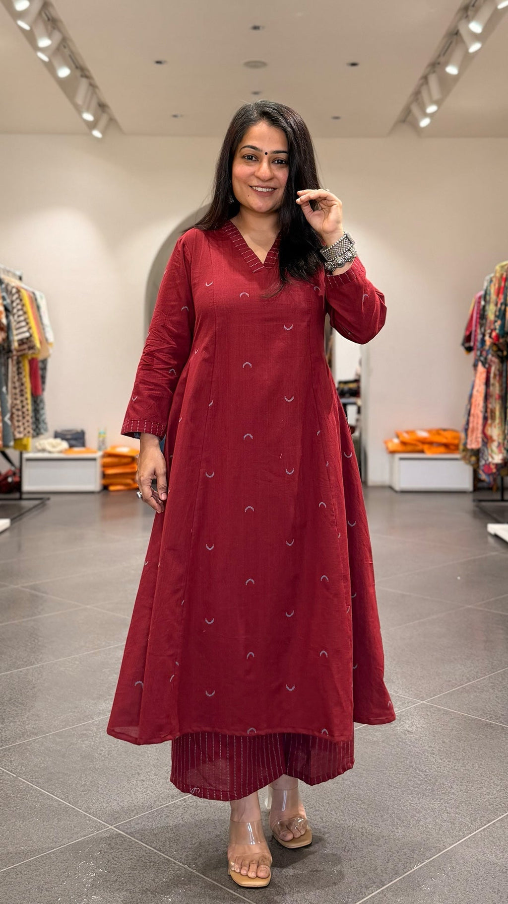 Maroon Chand Hand Woven Kali Kurta In Cotton