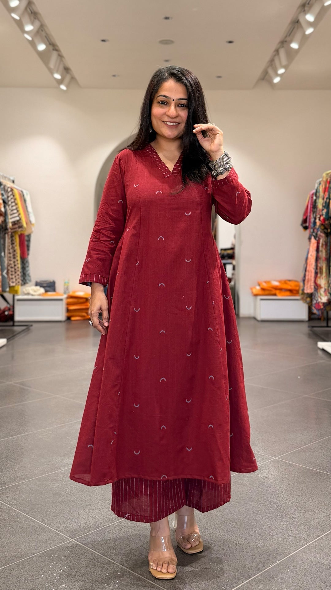 Maroon Chand Hand Woven Kali Kurta In Cotton